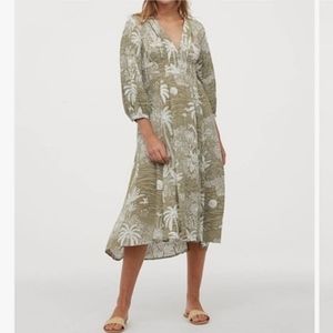 H&M x Desmond & Dempsey Tropical Print Green Island Palm Midi Dress S